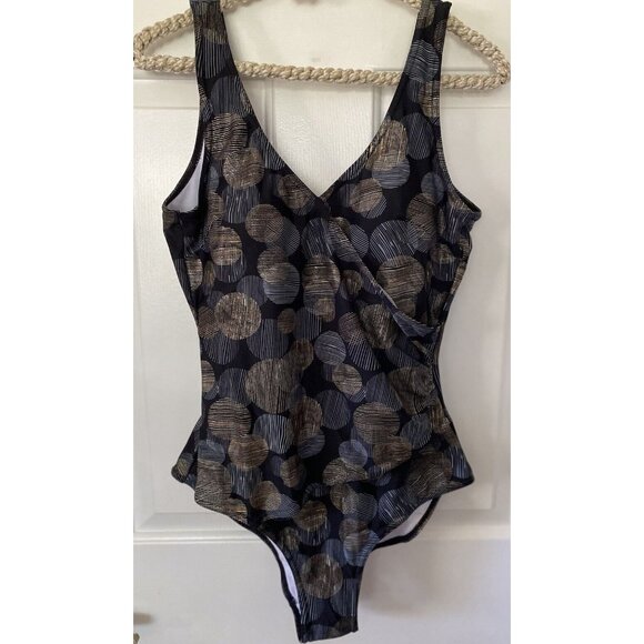 Byron Blue Australia Womans One Piece Swimsuit Black Gold Blue Circle Size 12 - Picture 2 of 16